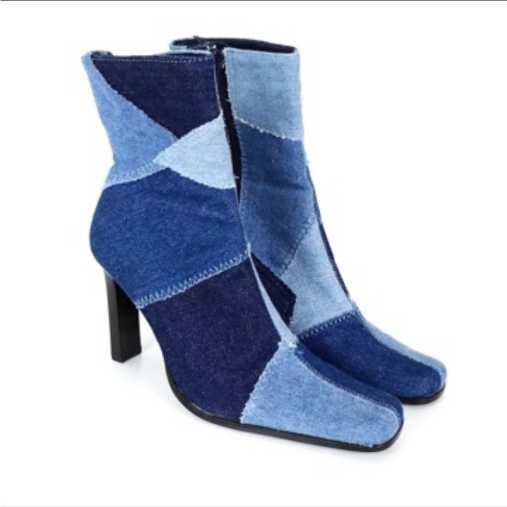 Y2K 2000s Denim Patchwork Ankle Boots Blue Square Toe Heels Booties Size 10